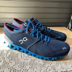 On Cloud x 1.0 Midnight Cobalt Blue Red Running Shoes 9.5